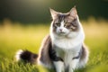 Grey and White Cat Sitting in the Grass