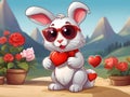 Digital illustration. Cute charming fab hare wearing glasses against beautiful landscape