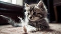 A grey and white kitten playing with a feather toy created with Generative AI