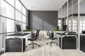 Grey and white wood panoramic space with four office desks