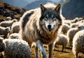 Grey wild wolf among a flock of sheep in a sunny highland pasture Royalty Free Stock Photo