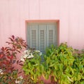 Grey window shutters on light pink wall