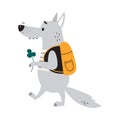Grey Wolf as Forest Animal Walking with Backpack Holding Flower with Its Paw Vector Illustration