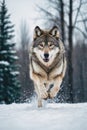 Grey Wolf (Canis lupus) Portrait running in the snow in winter . Generated AI Royalty Free Stock Photo