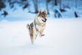 Grey Wolf, Canis lupus running at camera direction in a meadow on snow Royalty Free Stock Photo