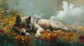 A grey wolf rests peacefully amidst a vibrant meadow of wildflowers Royalty Free Stock Photo