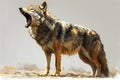 A grey wolf with a wideopen mouth is standing on the white background Royalty Free Stock Photo