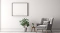 Grey wooden armchair next to table in minimal living room interior with poster white. generative ai Royalty Free Stock Photo