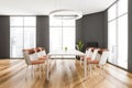 Grey wooden dining room interior with furniture near window Royalty Free Stock Photo