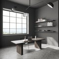 Grey workplace interior with laptop on table and decoration on shelf, window