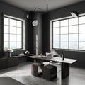 Grey workplace interior with laptop on table and decoration on sideboard, window