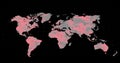 Grey world map changing to mostly pink on a black background Royalty Free Stock Photo