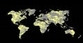 Grey world map changing to mostly yellow on a black background Royalty Free Stock Photo