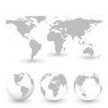 Grey World Map and Globes vector Illustration Royalty Free Stock Photo