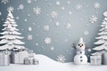 Grey Xmas banner in paper cut style. Illustrations of decorated Christmas tree with snowman, gift boxes around, and snow fall over Royalty Free Stock Photo