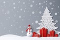 Grey Xmas banner in paper cut style. Illustrations of decorated Christmas tree with snowman, gift boxes around, and snow fall over Royalty Free Stock Photo