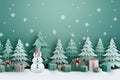 Grey Xmas banner in paper cut style. Illustrations of decorated Christmas tree with snowman, gift boxes around, and snow fall over Royalty Free Stock Photo