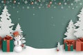 Grey Xmas banner in paper cut style. Illustrations of decorated Christmas tree with snowman, gift boxes around, and snow fall over Royalty Free Stock Photo