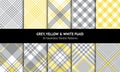 Grey, yellow, white check plaid pattern design set. Seamless light tartan. Glen, tweed, gingham, herringbone checks for flannel. Royalty Free Stock Photo