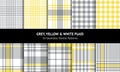 Grey, yellow, white plaid pattern design collection. Seamless light tartan. Glen, tweed, gingham, herringbone checks for flannel. Royalty Free Stock Photo