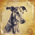 Greyhound dog, old vintage retro postcard style, close-up portrait, cute pet Royalty Free Stock Photo