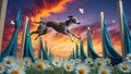 Whippet Dog Leaping Gracefully Over Teal Fabric Obstacles at Sunset, Surrounded by Daisies Royalty Free Stock Photo
