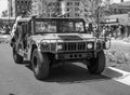 Greyscale of Military Hummer, driving in July 4 Parade, Carmel Indiana