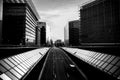 Greyscale of the Rue de la Loi, Law street buildings in the Schuman area in Brussels