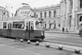 Greyscale shot of old historic tramway in Vienna, Austria