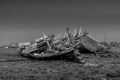 Greyscale shot of the ruins of a wooden boat on the beach captured in Bontang, Indonesia