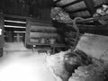 Greyscaled image - Bright interior of a wooden historic house of a farmer in Roznov pod Radhostem in Wallachian Open Air Museum in