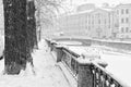 The Griboyedov canal embankment under strong snowstorm.