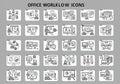 A grid of 25 black and white office workflow icons on a gray Royalty Free Stock Photo