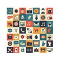 A grid of colorful icons with a retro design, each representing various concepts.