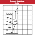 Grid copy game, complete the picture children. Printable Kids activity sheet with castle