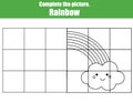 Grid copy game, complete the picture educational children game. Printable Kids activity sheet with cute rainbow