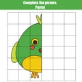 Grid copy game, complete the picture game, coloring page. Kids activity sheet with bird