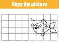 Grid copy worksheet. educational children game. Printable Kids activity sheet with fish. Copy the picture