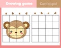 Grid copy worksheet. educational children game. Printable Kids activity sheet with monkey face. Copy the picture