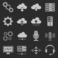 A grid of 16 gray tech-themed icons on a dark background. Icons include cloud Royalty Free Stock Photo