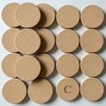 A grid of identical round cork coasters arranged on a light surface Royalty Free Stock Photo