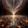 A grid of illuminated pixels cascades downward like a waterfa