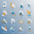 A grid of isometric illustrations representing various cloud computing concepts. Each Royalty Free Stock Photo
