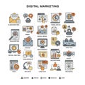 A grid layout of various digital marketing concepts illustrated using stylized icons. Royalty Free Stock Photo
