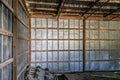 A Grid metal and wood exterior interior walls and ceiling taken from the interior