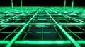 A grid of neon green squares symmetrically arranged against a black background adds a touch of techy nostalgia to this