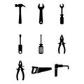 Collection of black silhouette icons of various hand tools hammer wrench Royalty Free Stock Photo