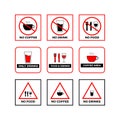 Collection of nine square and triangular warning signs for food and drink restrictions Royalty Free Stock Photo