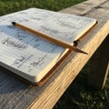A grid-patterned notebook rests on a weathered wooden bench. An orange pencil is Royalty Free Stock Photo