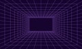 Grid room in perspective in 3d style. Indoor wireframe from violet laser beam, digital empty box. Abstract geometric design